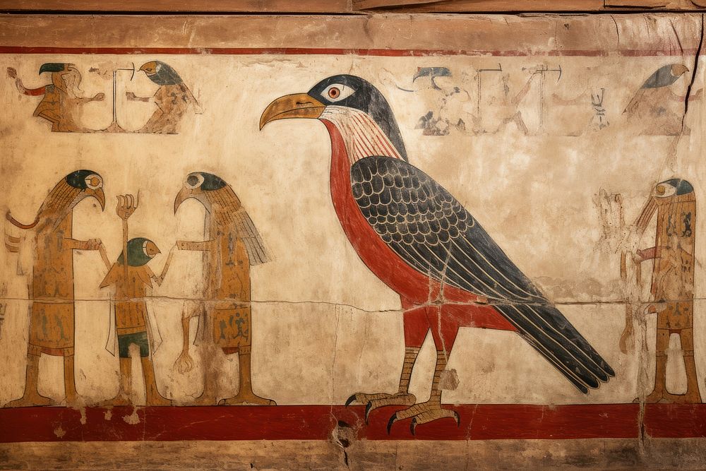 Eagle hieroglyphic carvings painting ancient wall.