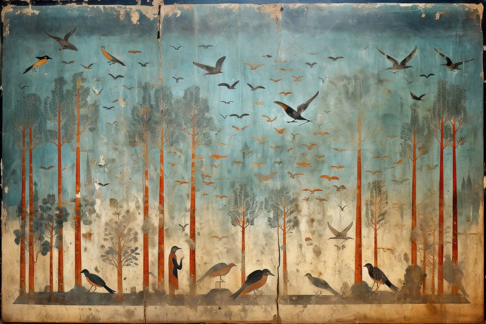 Forest hieroglyphic carvings painting bird wall.