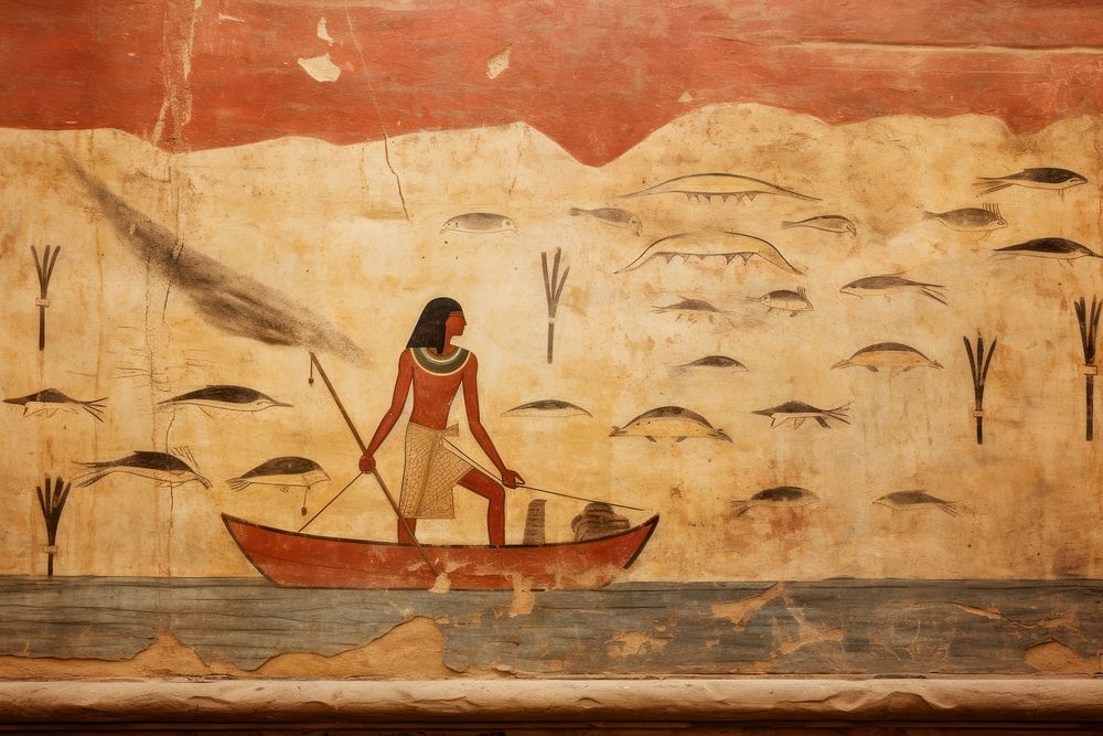Fisherman hieroglyphic carvings painting ancient wall.