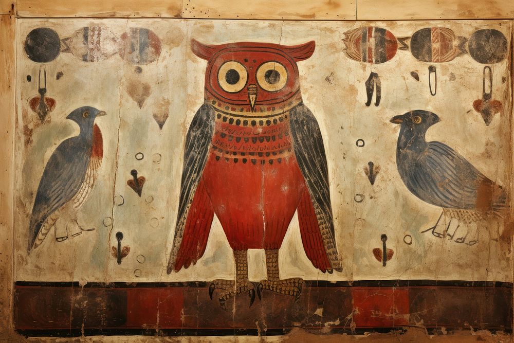 Owl hieroglyphic carvings painting animal bird.