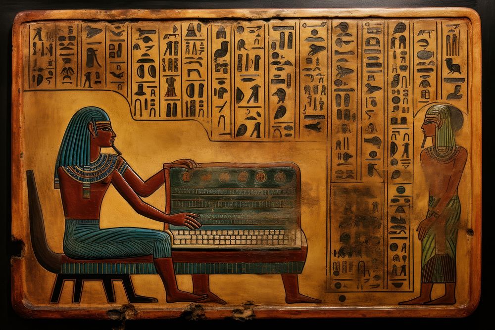 Laptop hieroglyphic carvings painting ancient art.
