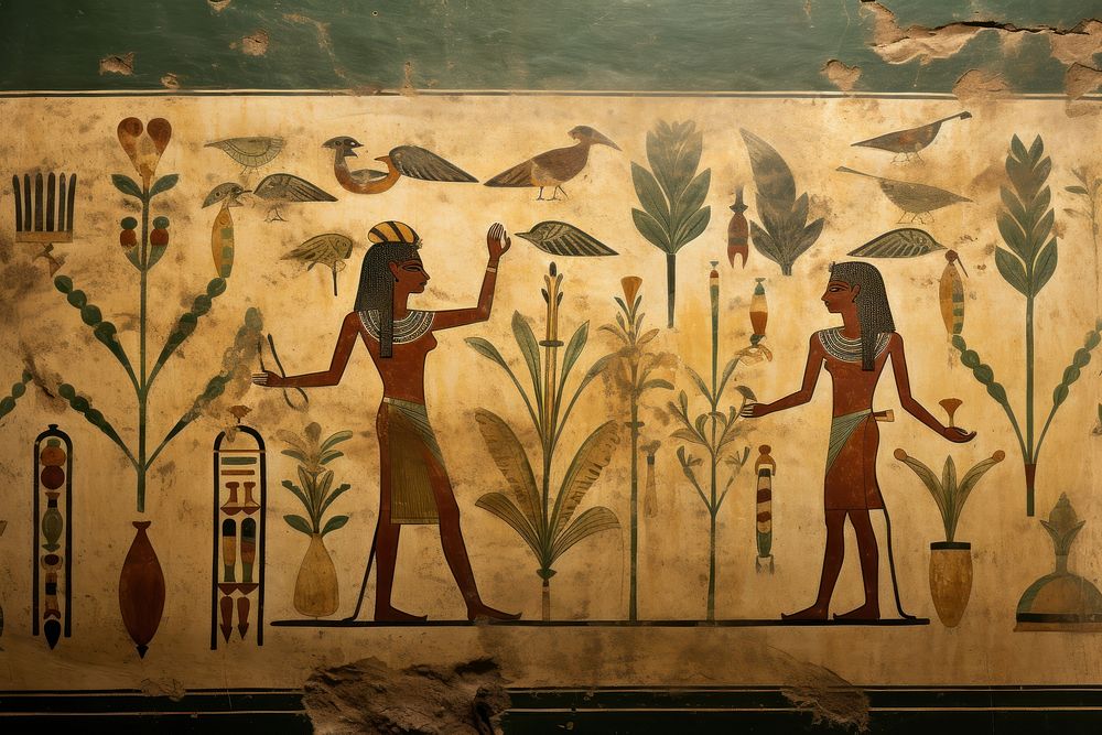 Leaf hieroglyphic carvings painting ancient wall.