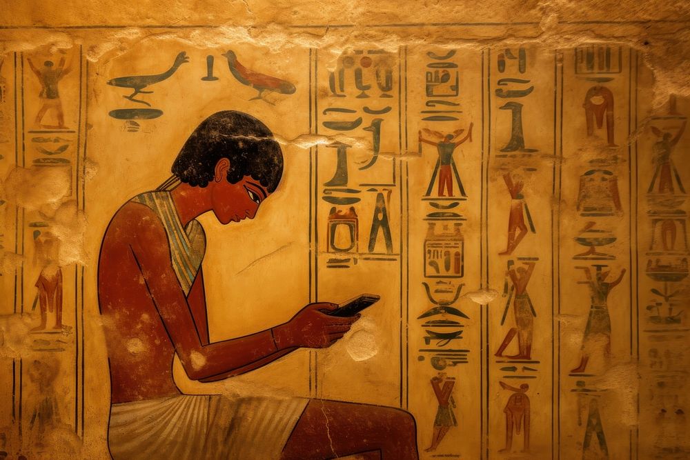 Smartphone hieroglyphic carvings archaeology painting ancient.
