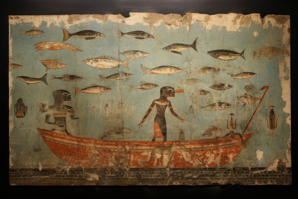 Sea hieroglyphic carvings painting fish wall.
