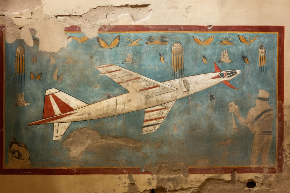 Plane hieroglyphic carvings painting aircraft airplane.