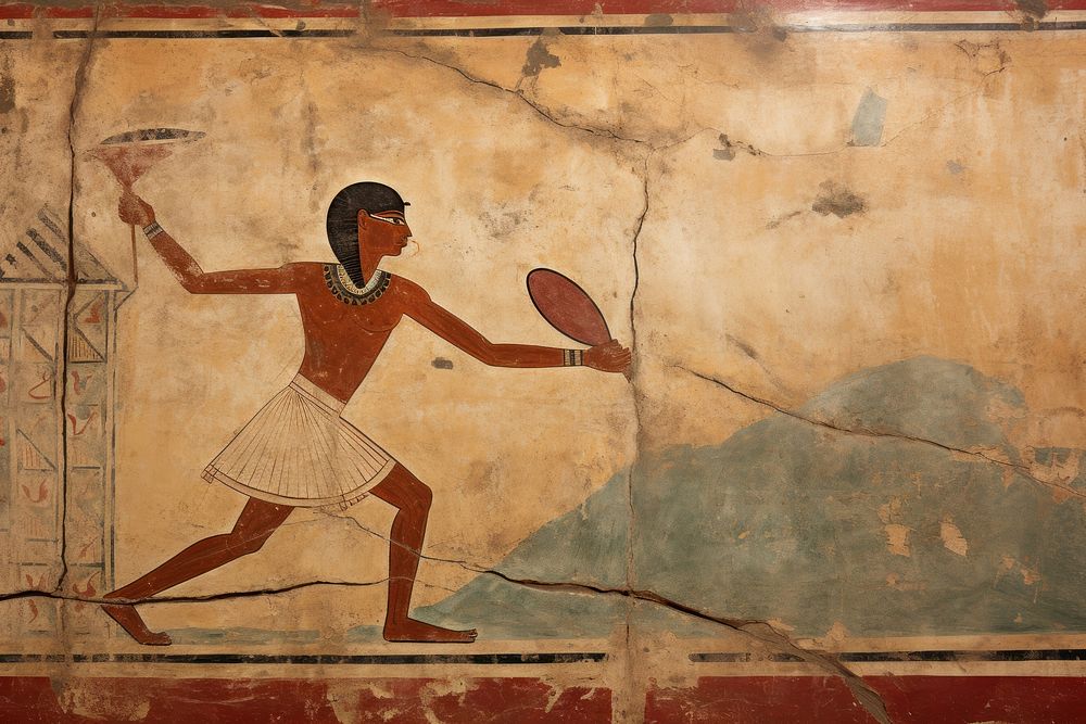 Playing tennis hieroglyphic carvings painting ancient wall.