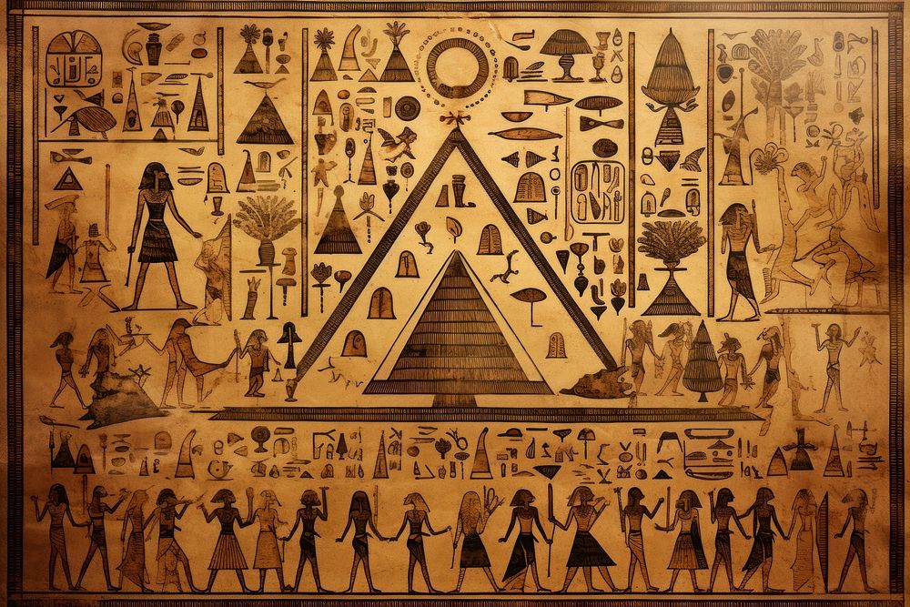 Pyramid hieroglyphic carvings painting art representation.
