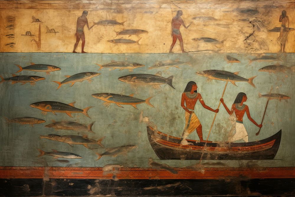 River hieroglyphic carvings painting fish wall.