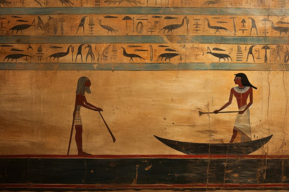 River hieroglyphic carvings painting ancient wall.