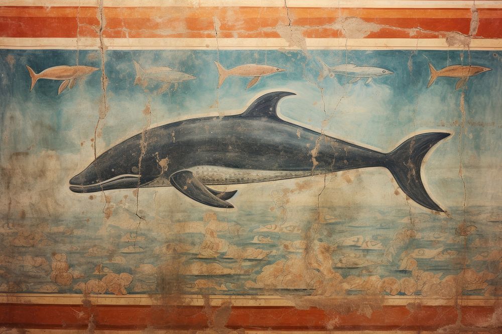 Whale hieroglyphic carvings painting dolphin animal.