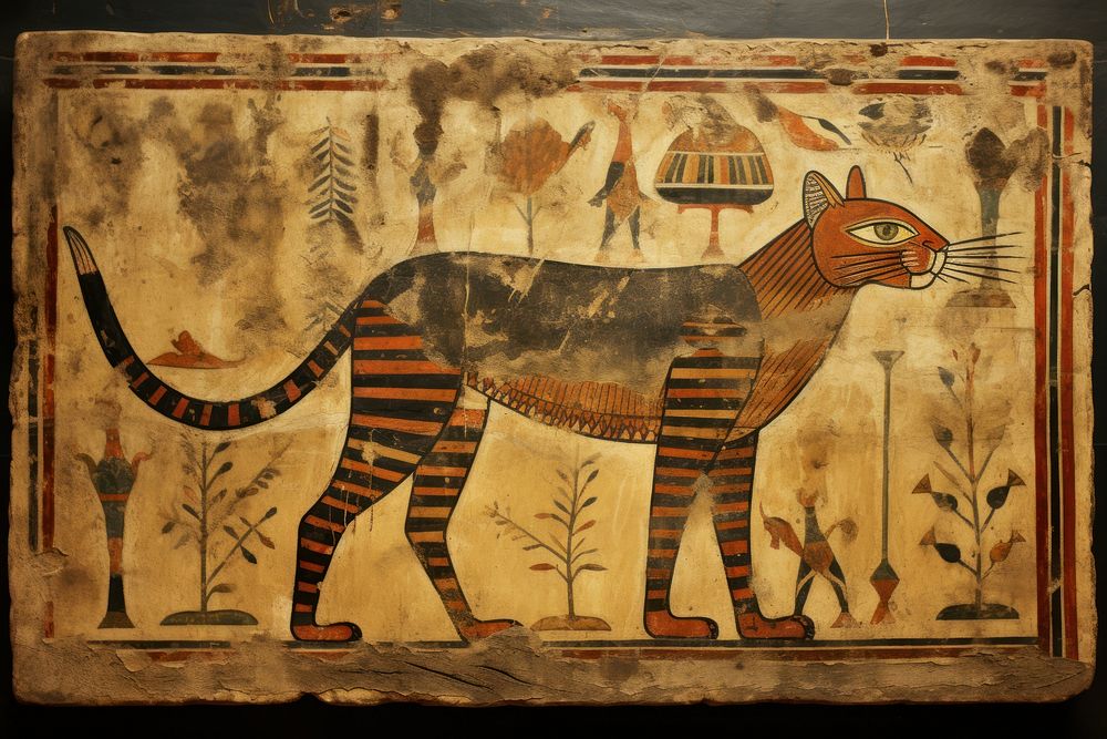 Tiger hieroglyphic carvings painting tapestry ancient.