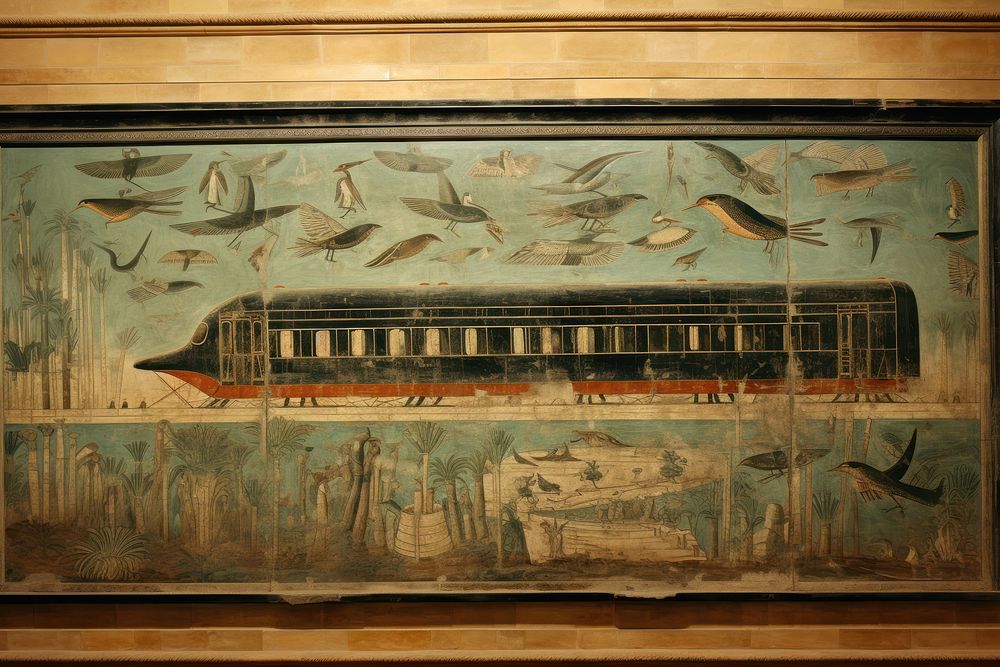 Train hieroglyphic carvings painting wall art.