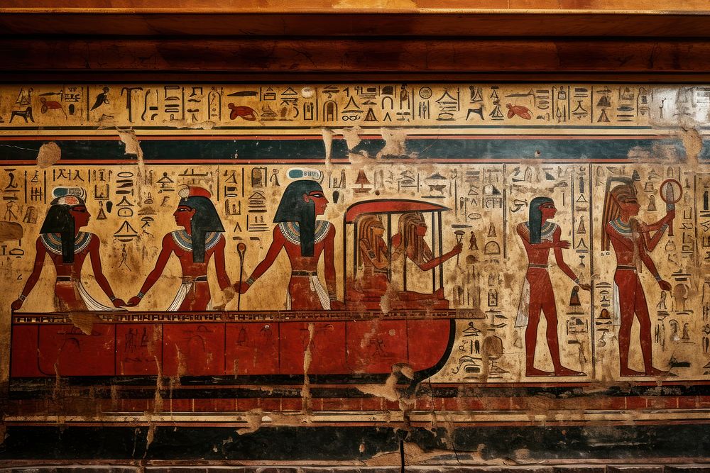 Train hieroglyphic carvings archaeology painting ancient.