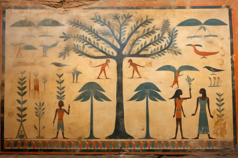 Tree hieroglyphic carvings painting tapestry ancient.
