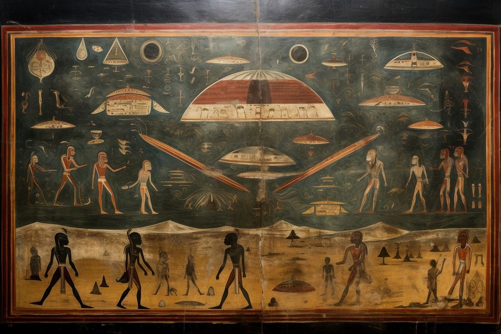 UFO hieroglyphic carvings painting tapestry ancient.