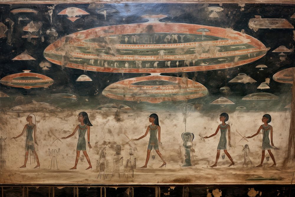 UFO hieroglyphic carvings painting ancient art.