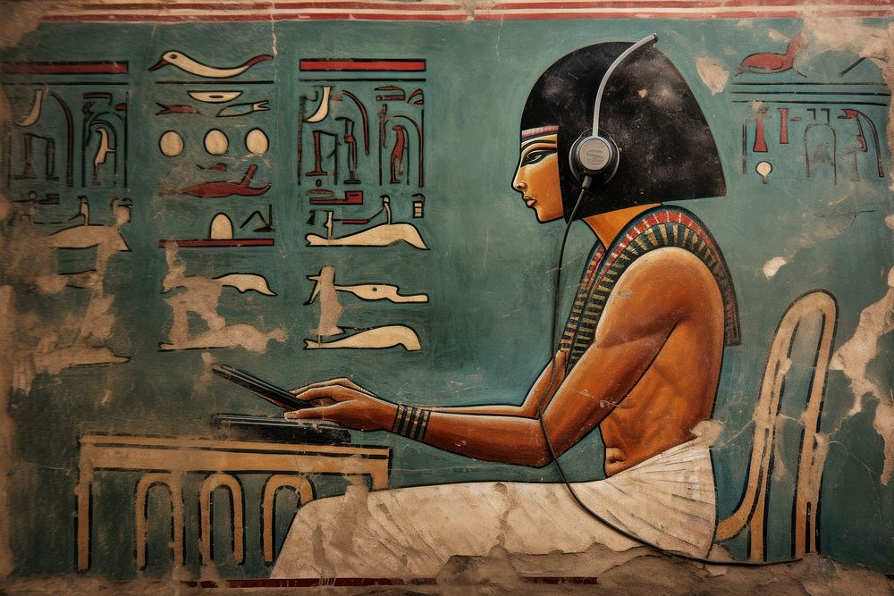 Using headphones hieroglyphic carvings painting ancient adult.