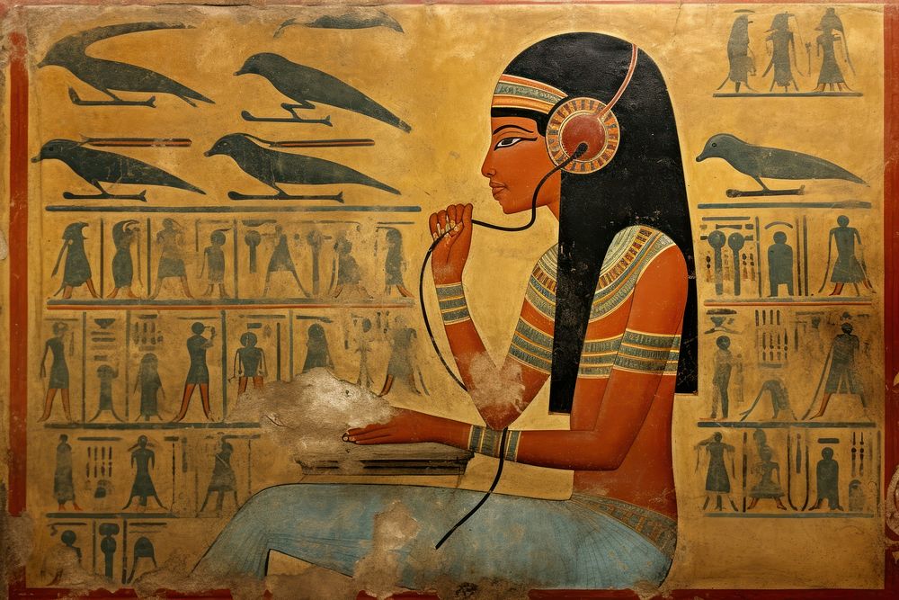 Using headphones hieroglyphic carvings painting ancient wall.