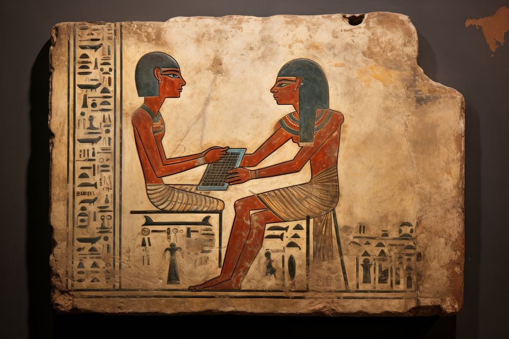 Using tablet hieroglyphic carvings archaeology painting ancient.