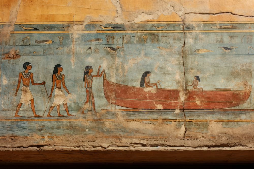 Yacht hieroglyphic carvings painting ancient wall.