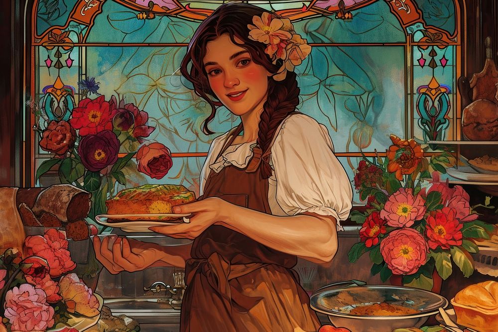 Bakery and flowers art painting female.