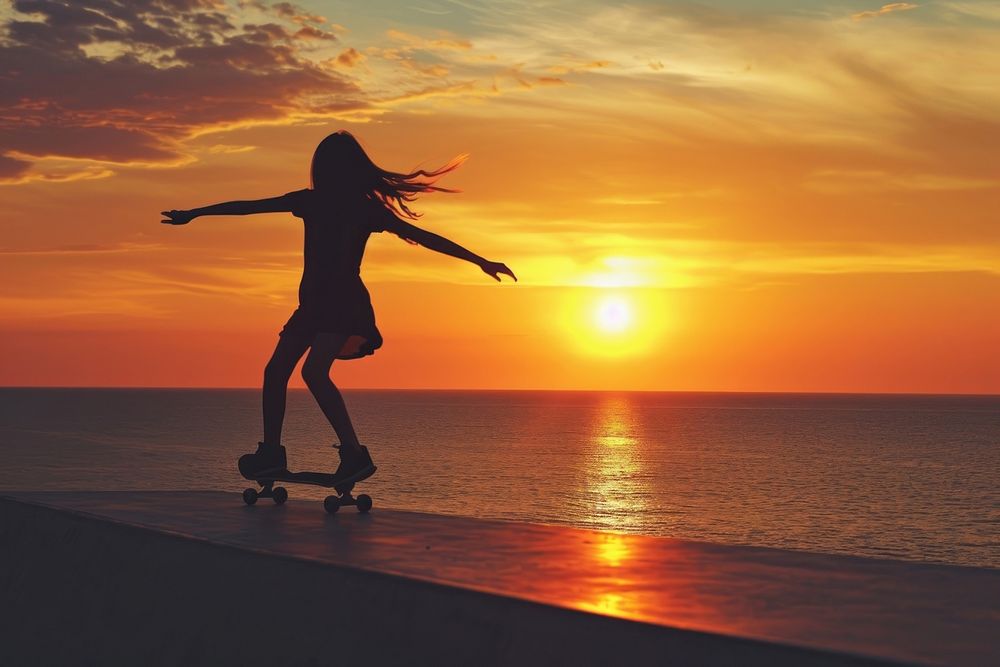 Balck girl skateboard outdoors sunset.