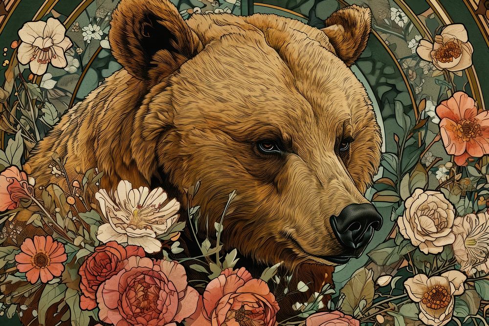 Bear and flowers bear art wildlife.