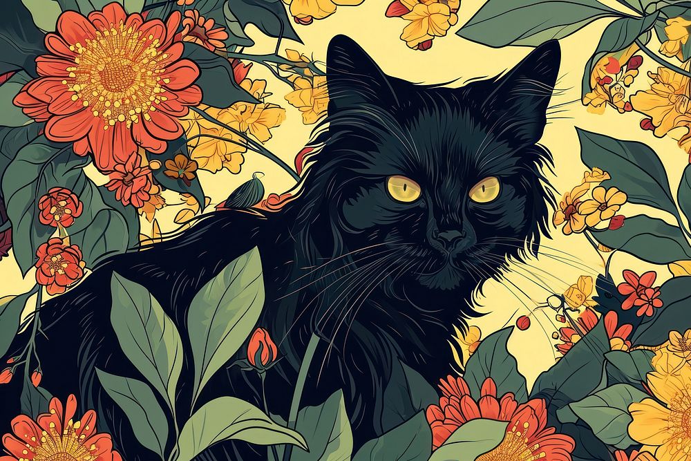 Black cat and flowers art black cat graphics.