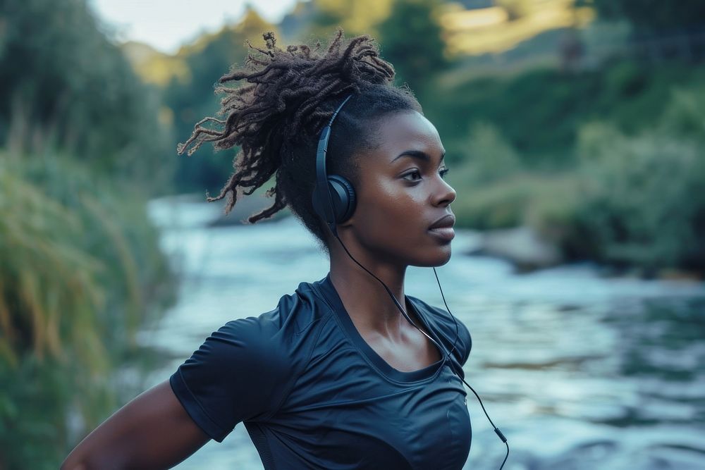 Black woman headphones headset adult.