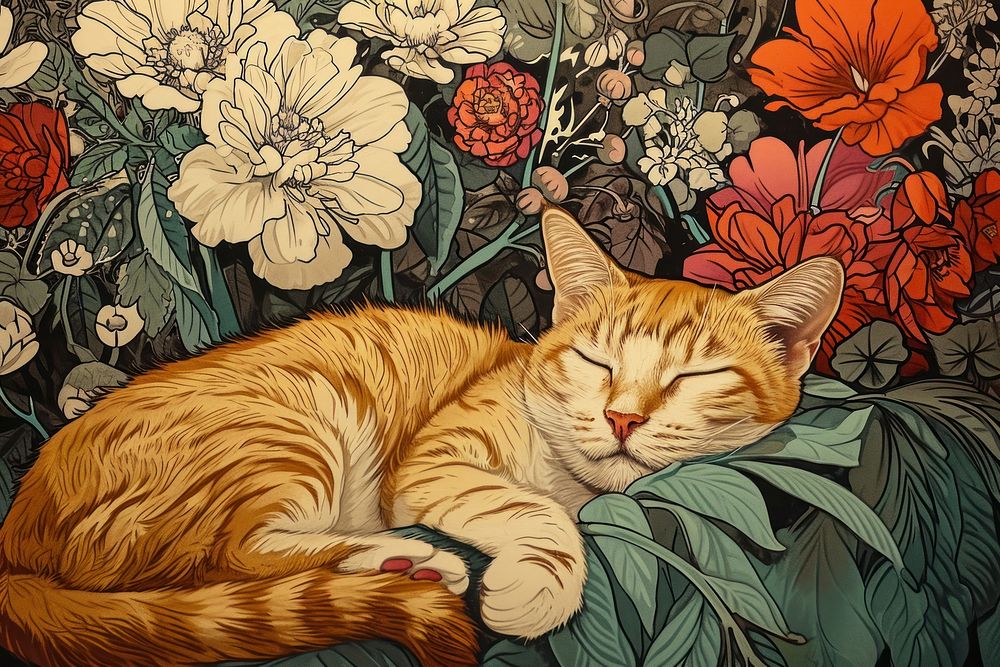 Cat and flowers art cat illustrated.