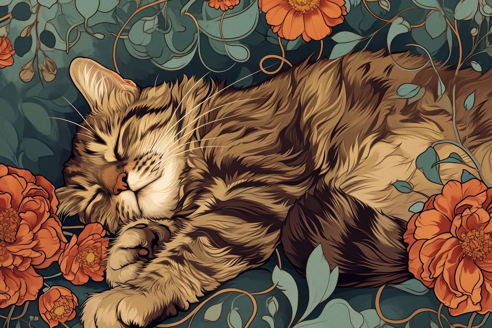 Cat and flowers art cat painting.