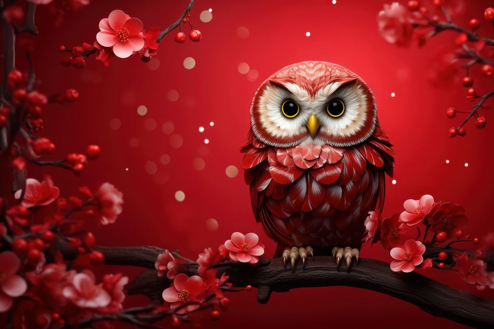 Chinese New Year style of Owl animal flower plant.