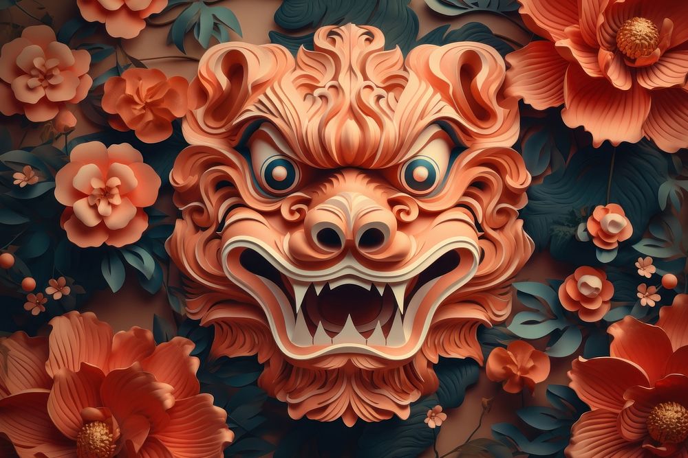 Chinese New Year style of Lion pattern flower art.