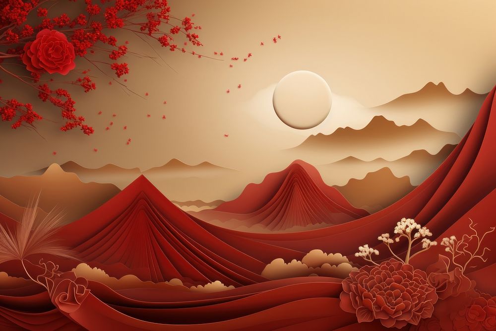 Chinese New Year style of Mountain mountain rose red.