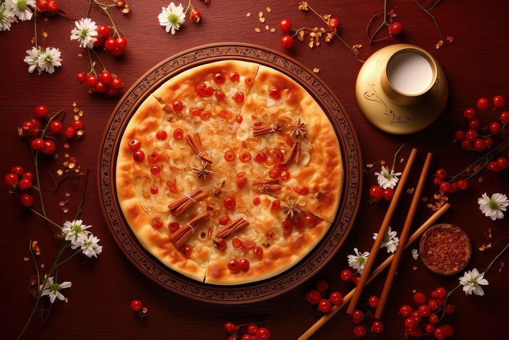 Chinese New Year style of Pizza pizza food meal.