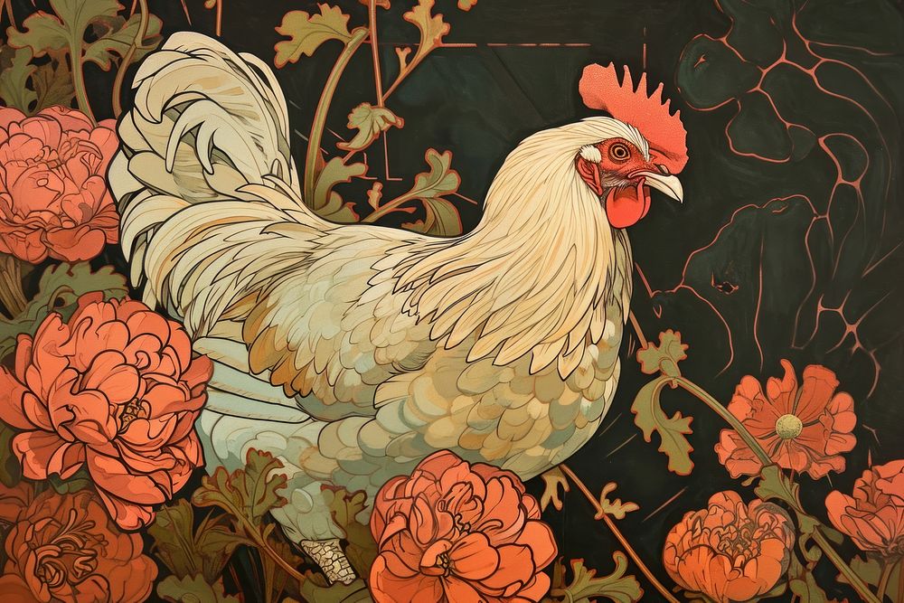 Chicken and flowers chicken poultry rooster.