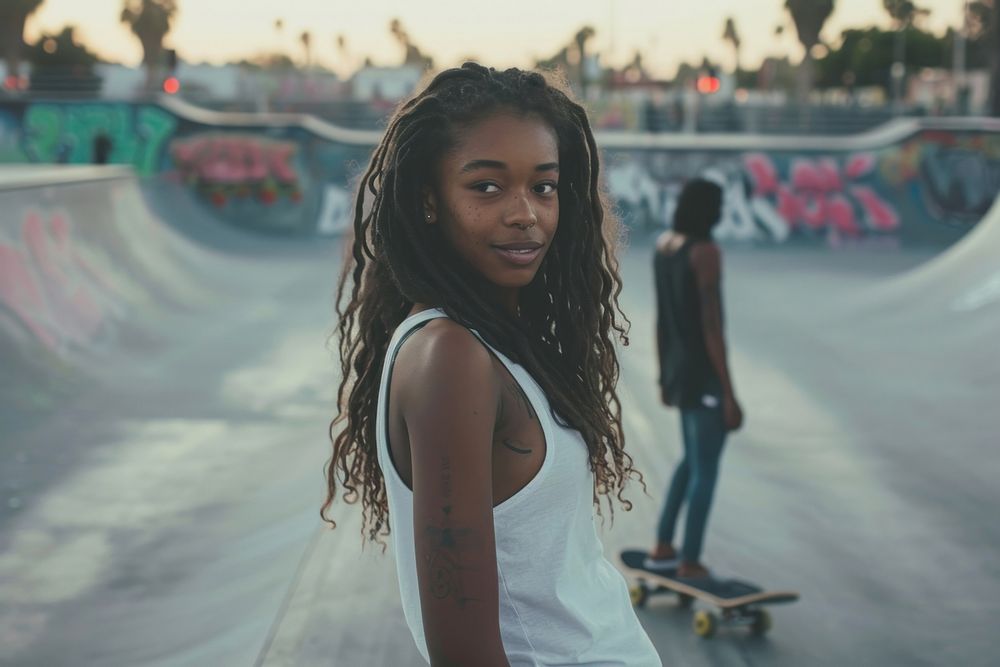 Black girl skateboard portrait architecture.