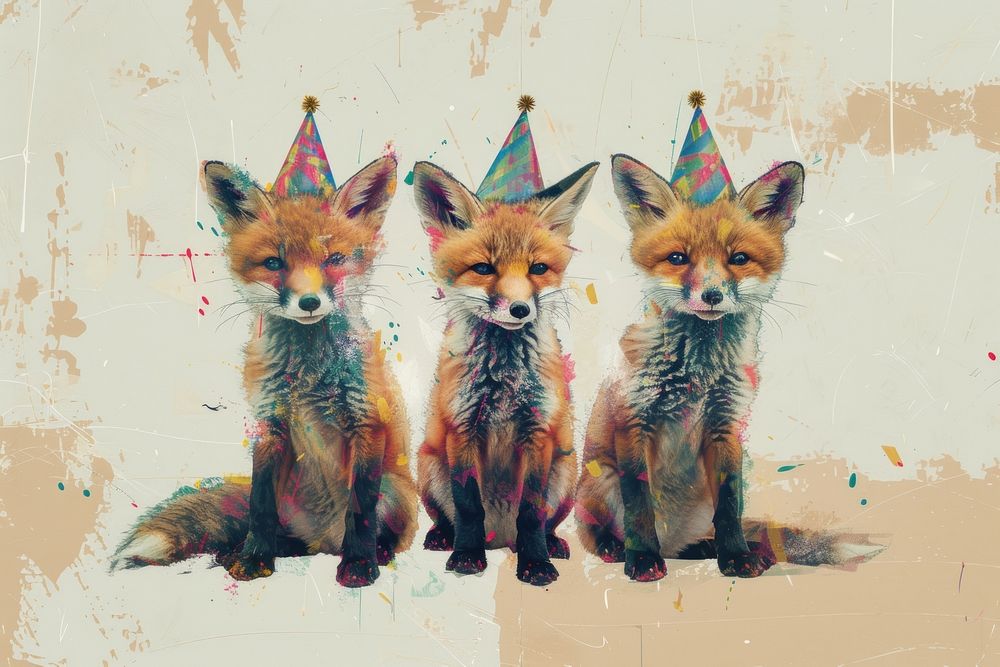 Three baby fox friends wearing party hats animal mammal representation.