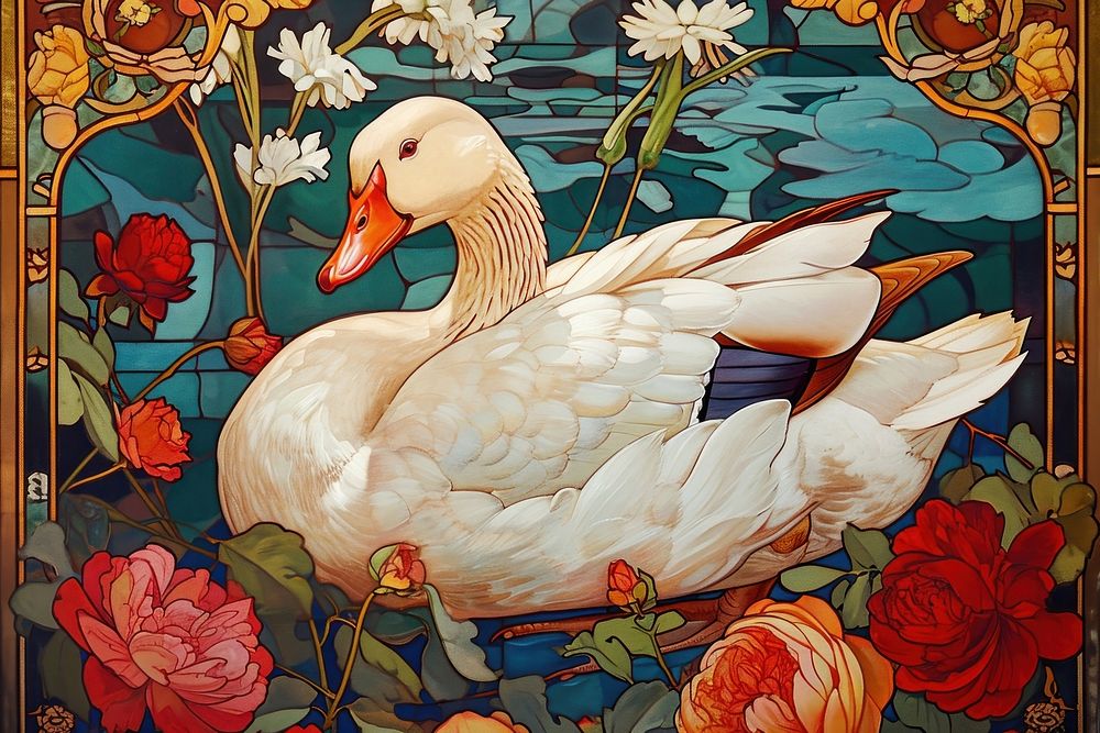 Duck and flowers art painting animal.