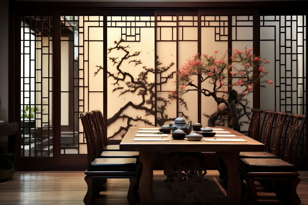 Dining room chinese Style architecture furniture building.