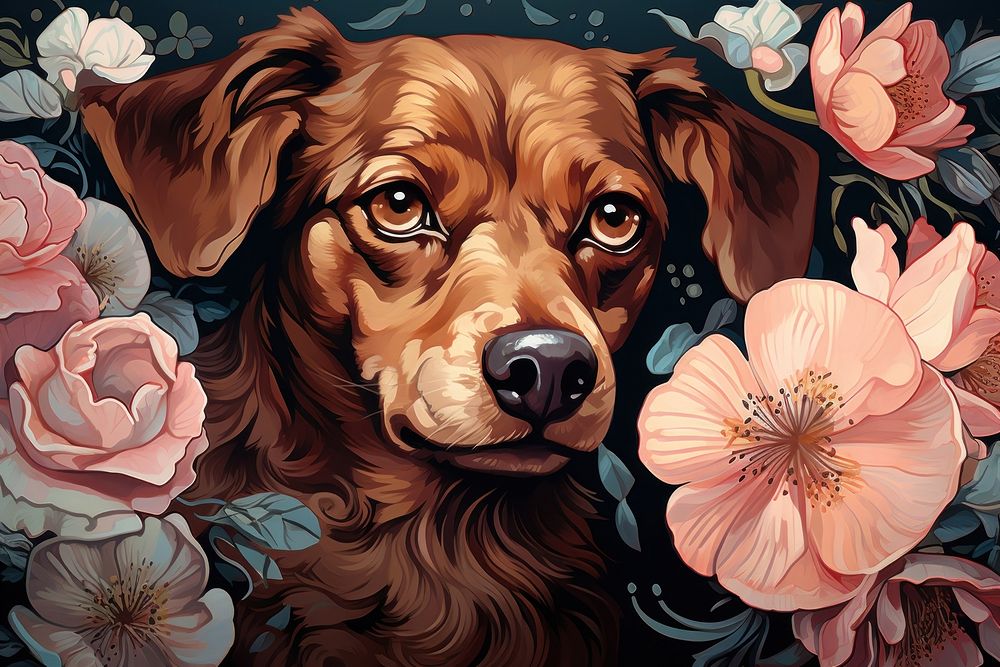 Dog and flowers art dog painting.