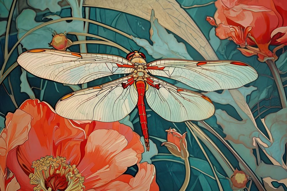 Dragonfly and flowers dragonfly art invertebrate.
