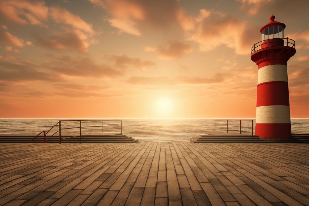 Lighthouse sunset architecture boardwalk. 