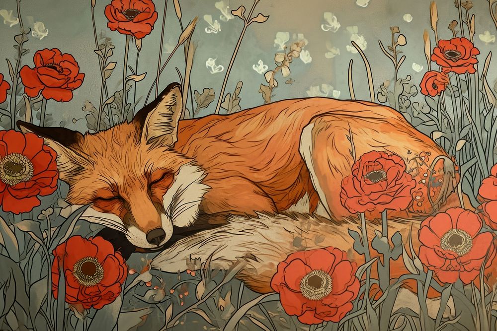 Fox and flowers fox art wildlife.