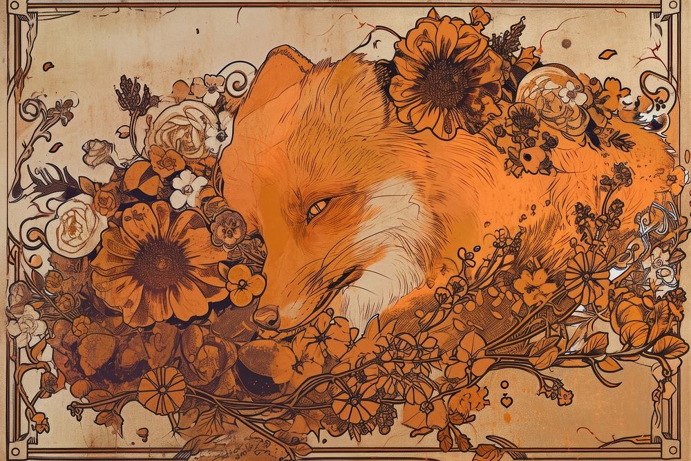 Fox and flowers art fox blackboard.
