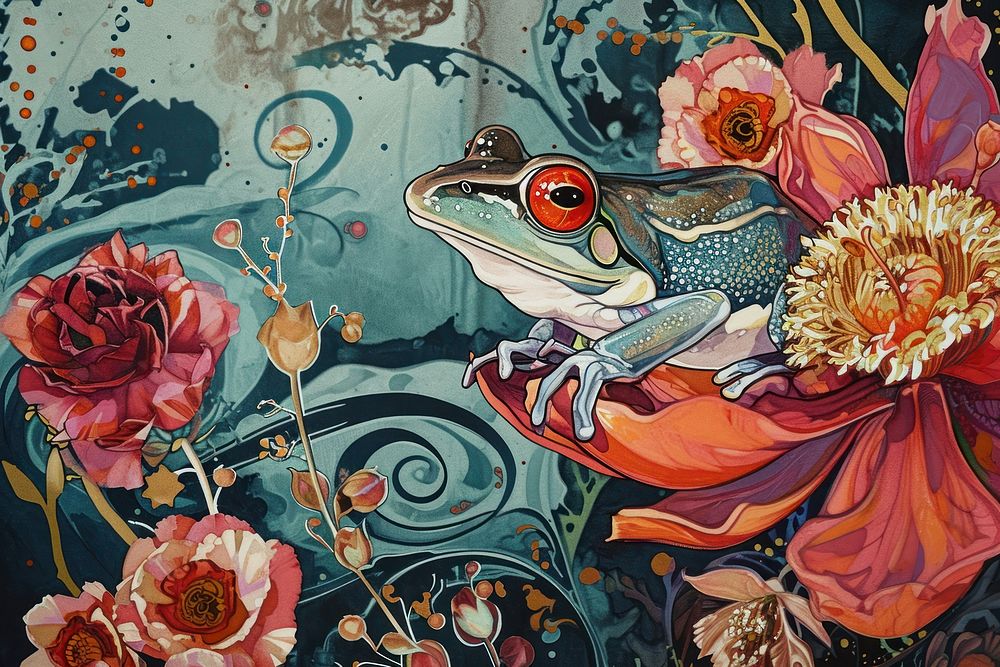 Frog and flowers frog art amphibian.