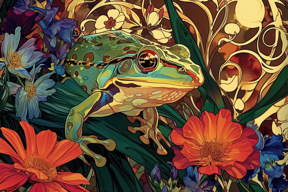 Frog and flowers frog art asteraceae.