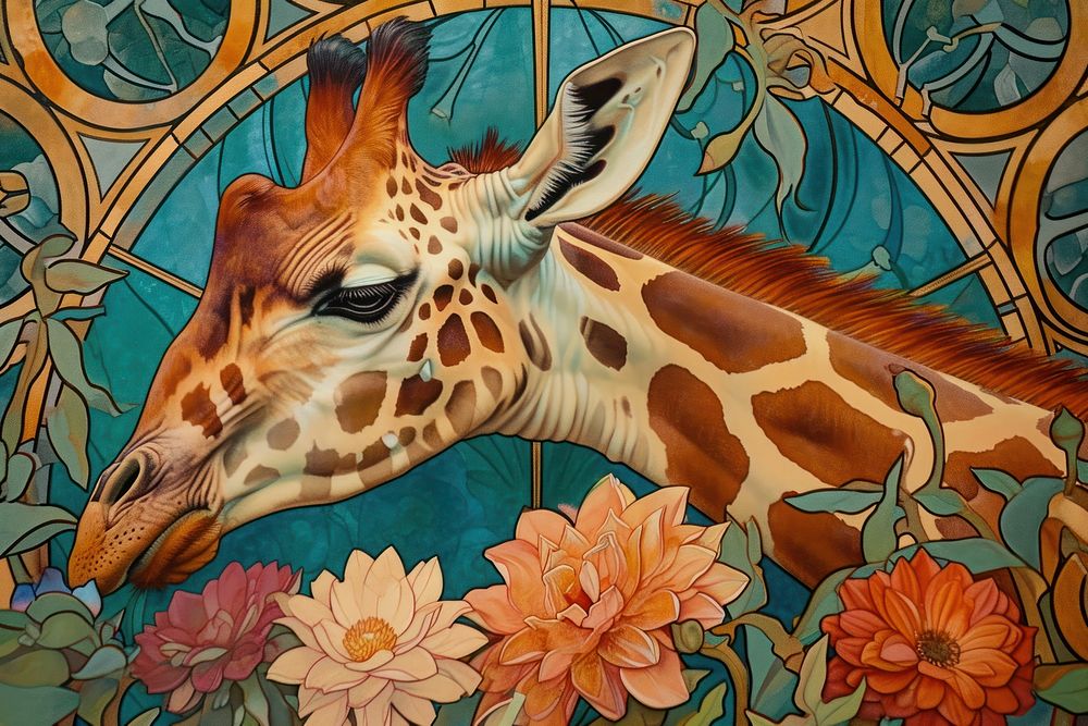 Giraffe and flowers giraffe art wildlife.