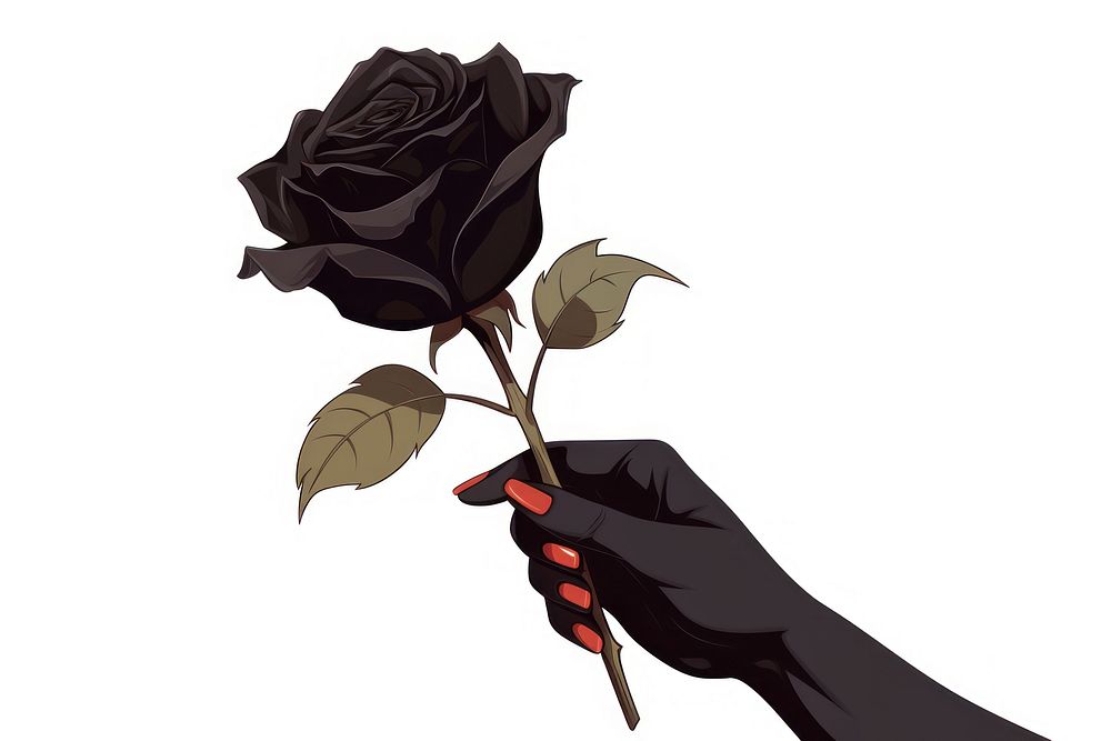 Human hand holding black Rose rose cartoon flower.