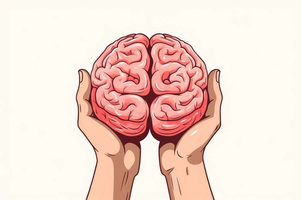 Human hand holding Brain cartoon brain human.